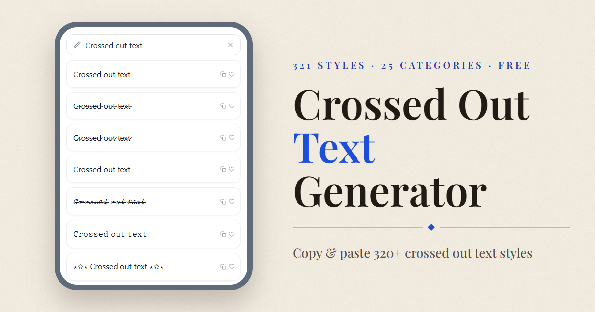 Crossed Out Text generator preview showing crossed out text styles